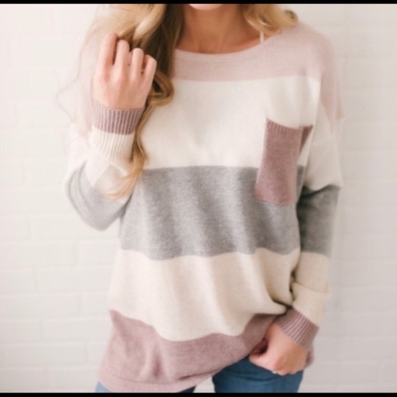 #48 Color block striped pocket long sleeve top mauve - Picture 2 of 6